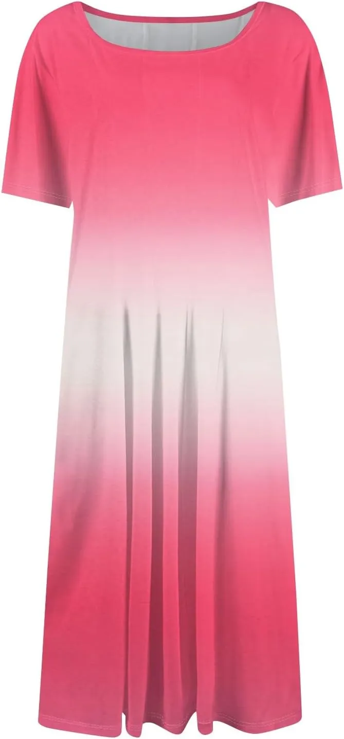 Spring Dresses for Women 2025 Cinched Waist Short Sleeve with Side Pocket Womens Dress Flowy Midi Scoop Neck Dress
