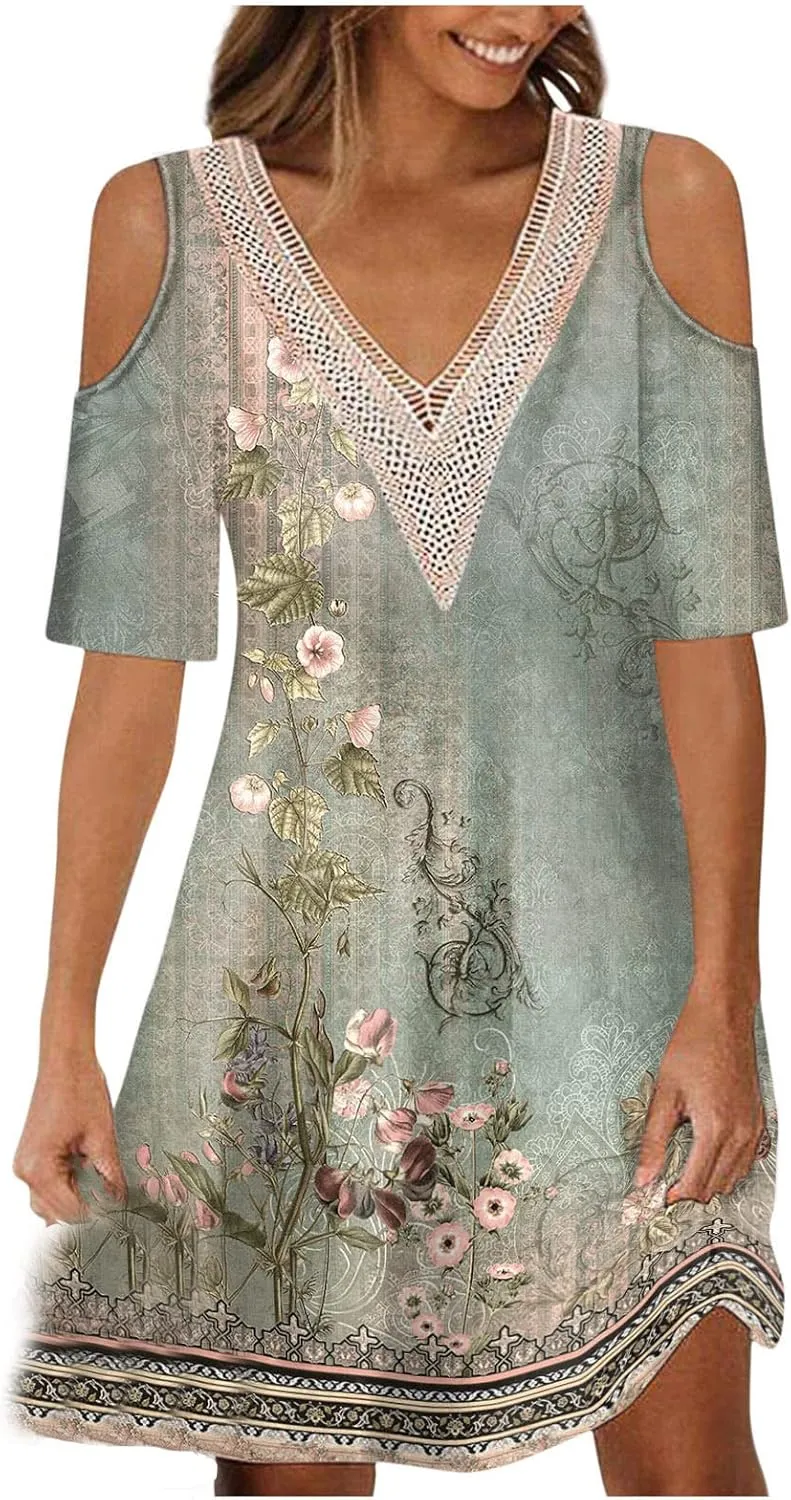 Summer Boho Dresses for Women 2024 Trendy Cold Shoulder Short Sleeve v Neck Tunic Dress Casual Floral Print Mini Dress