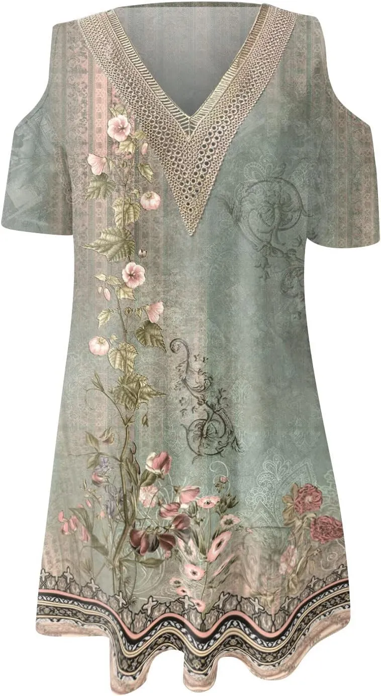 Summer Boho Dresses for Women 2024 Trendy Cold Shoulder Short Sleeve v Neck Tunic Dress Casual Floral Print Mini Dress