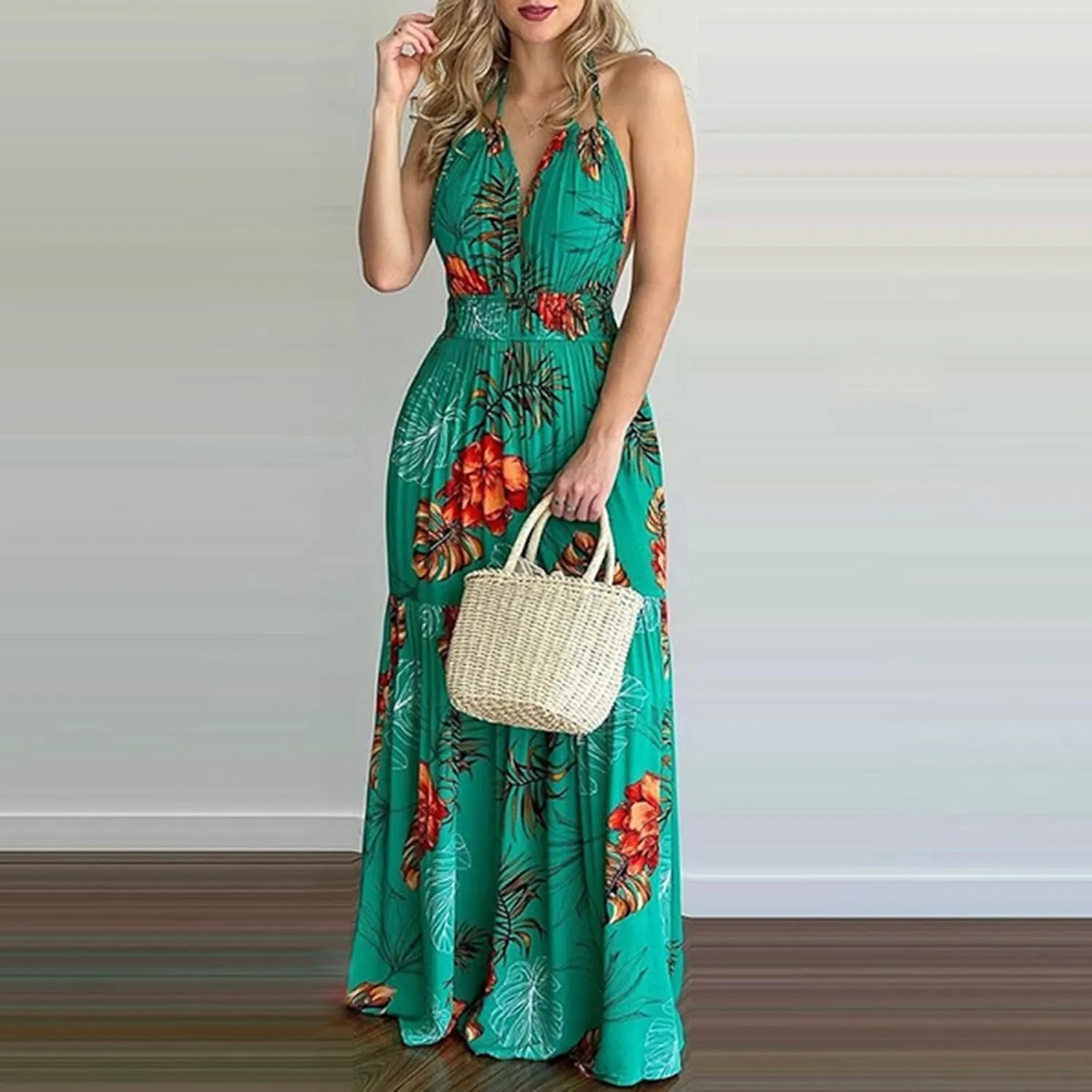 Summer Dresses for Women 2024 Fashion Sexy Floral Tropical Beach Halter Sundress Hawaiian Backless Long Maxi Dress
