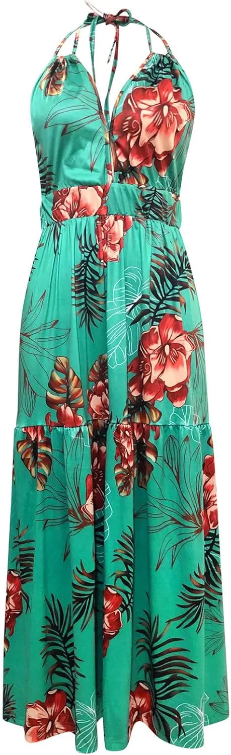 Summer Dresses for Women 2024 Fashion Sexy Floral Tropical Beach Halter Sundress Hawaiian Backless Long Maxi Dress