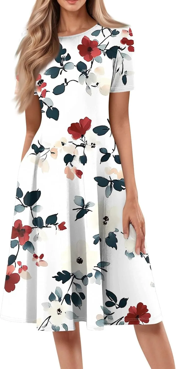 Summer Dresses for Women 2025 Midi Short Sleeve Crew Neck Women Dress Fashion Pleated with Side Pocket A Line Dress