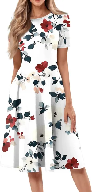 Summer Dresses for Women 2025 Midi Short Sleeve Crew Neck Women Dress Fashion Pleated with Side Pocket A Line Dress