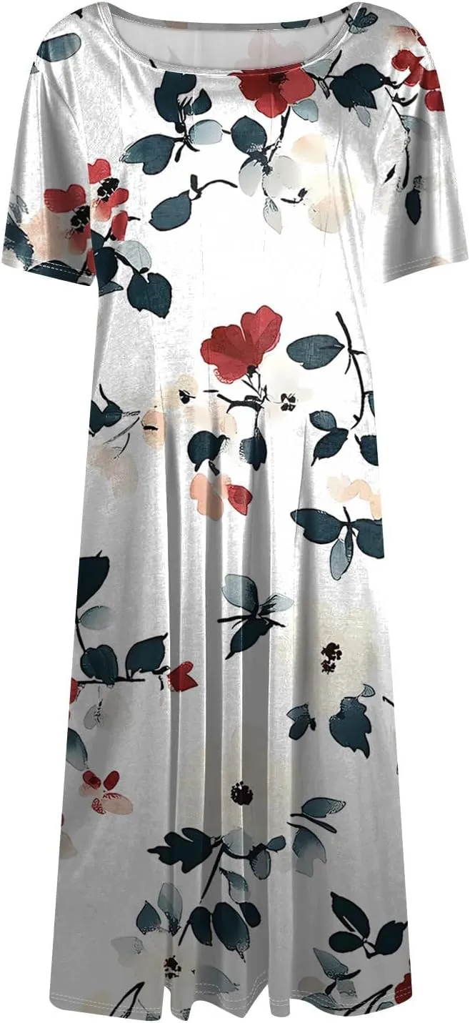 Summer Dresses for Women 2025 Midi Short Sleeve Crew Neck Women Dress Fashion Pleated with Side Pocket A Line Dress