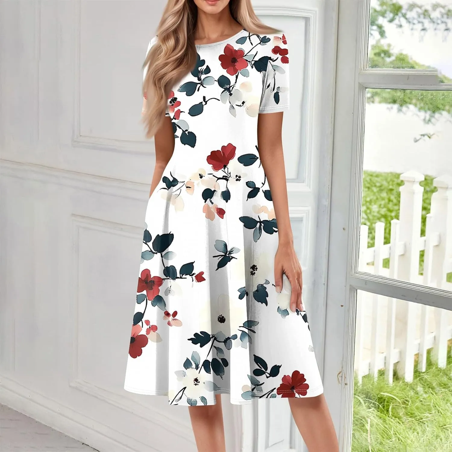 Summer Dresses for Women 2025 Midi Short Sleeve Crew Neck Women Dress Fashion Pleated with Side Pocket A Line Dress