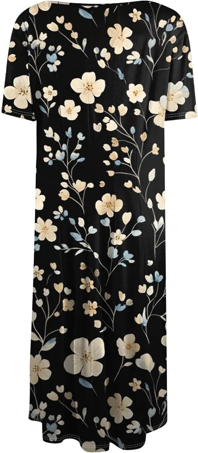 Summer Dresses for Women 2025 Midi Short Sleeve Round Neck Spring Dress Tender Pleated with Side Pocket A Line Dress