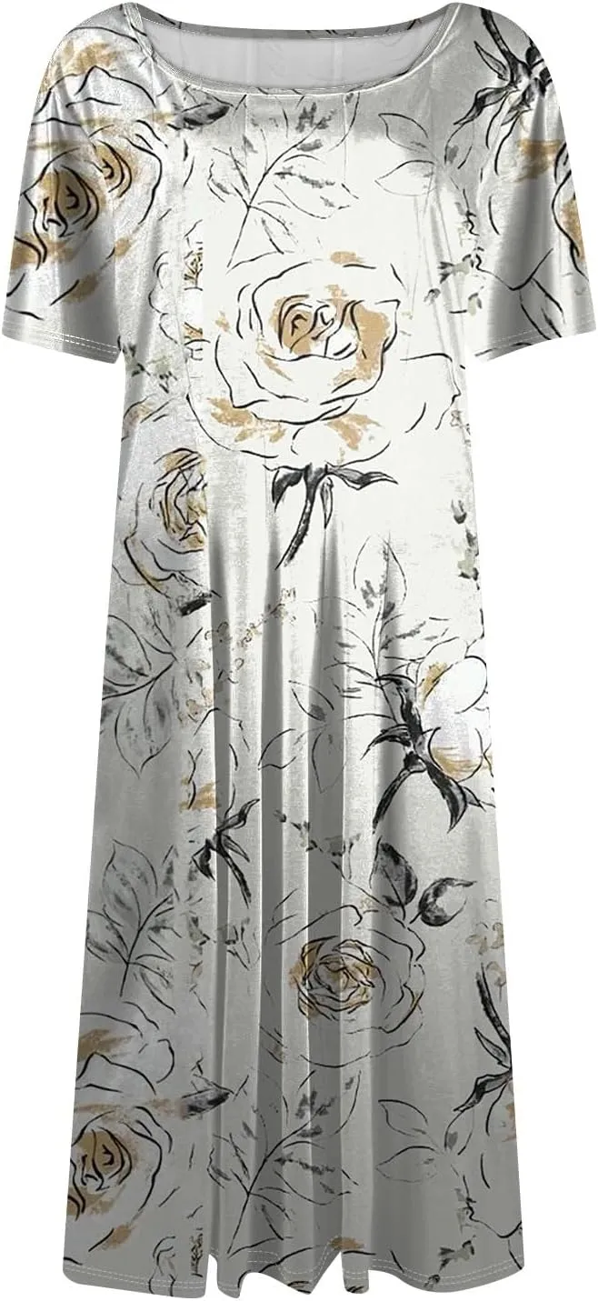 Summer Dresses for Women 2025 Midi Short Sleeve Round Neck Spring Dress Tender Pleated with Side Pocket A Line Dress
