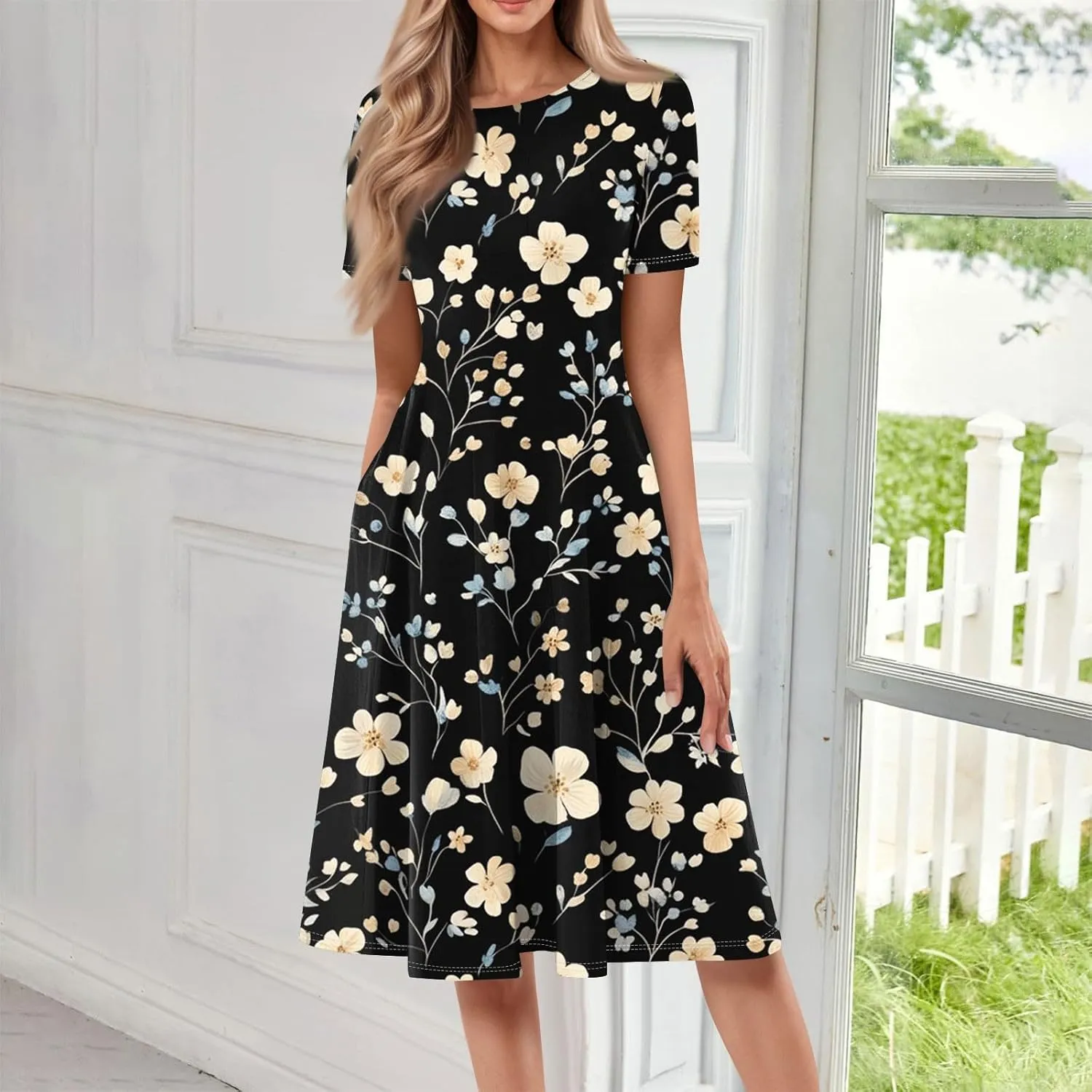 Summer Dresses for Women 2025 Midi Short Sleeve Round Neck Spring Dress Tender Pleated with Side Pocket A Line Dress