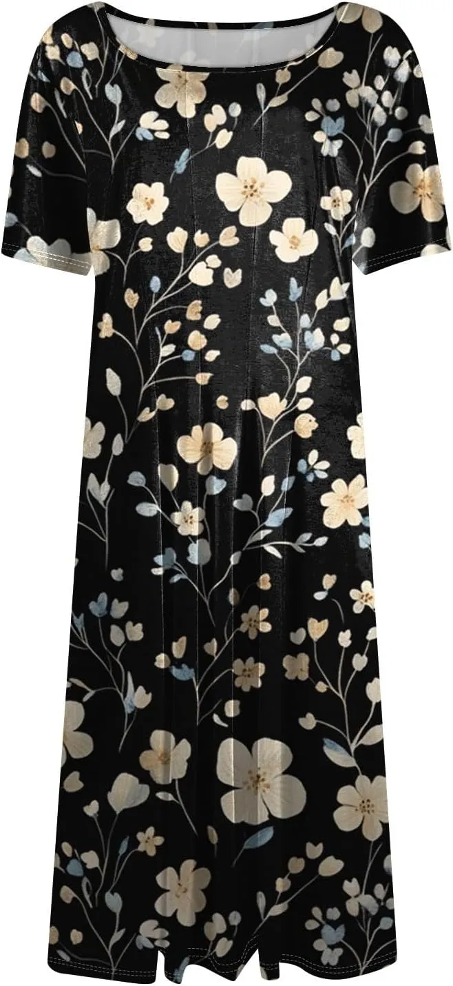 Summer Dresses for Women 2025 Midi Short Sleeve Round Neck Spring Dress Tender Pleated with Side Pocket A Line Dress
