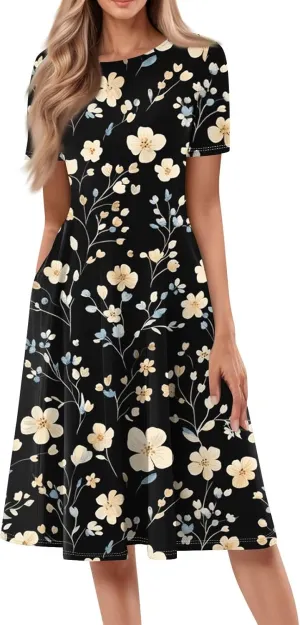 Summer Dresses for Women 2025 Midi Short Sleeve Round Neck Spring Dress Tender Pleated with Side Pocket A Line Dress