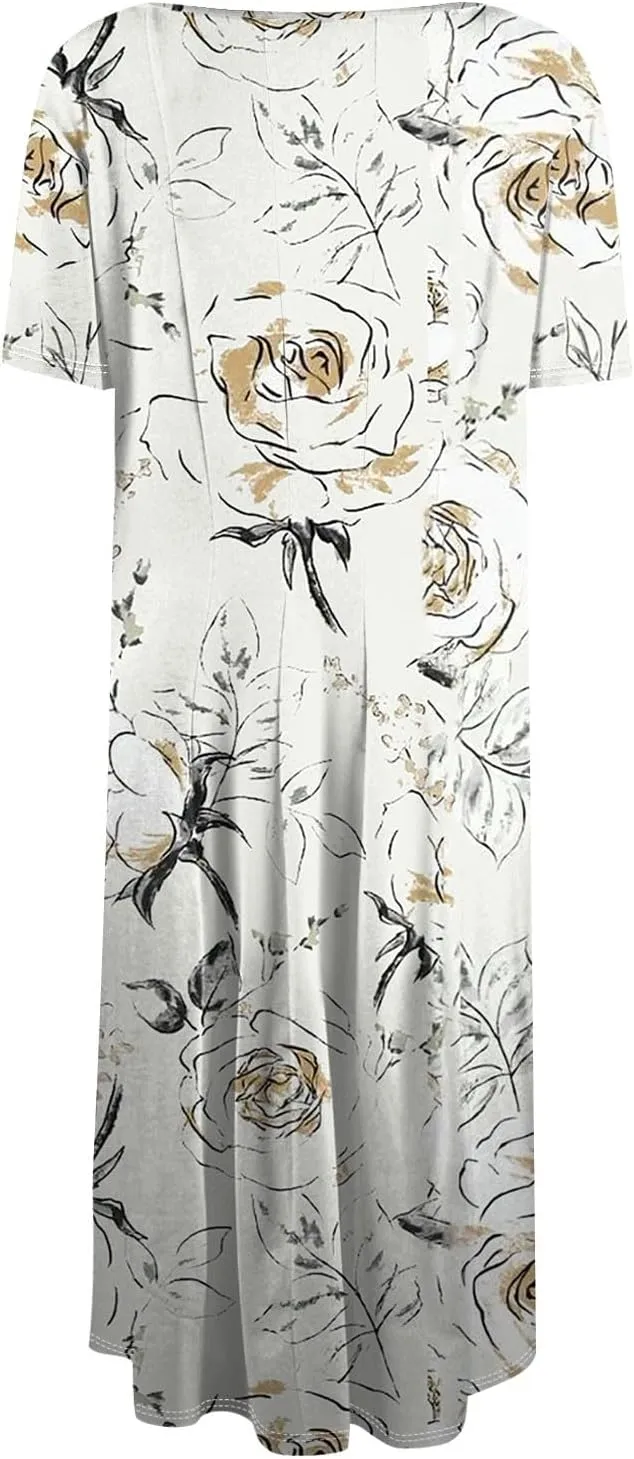 Summer Dresses for Women 2025 Midi Short Sleeve Round Neck Spring Dress Tender Pleated with Side Pocket A Line Dress