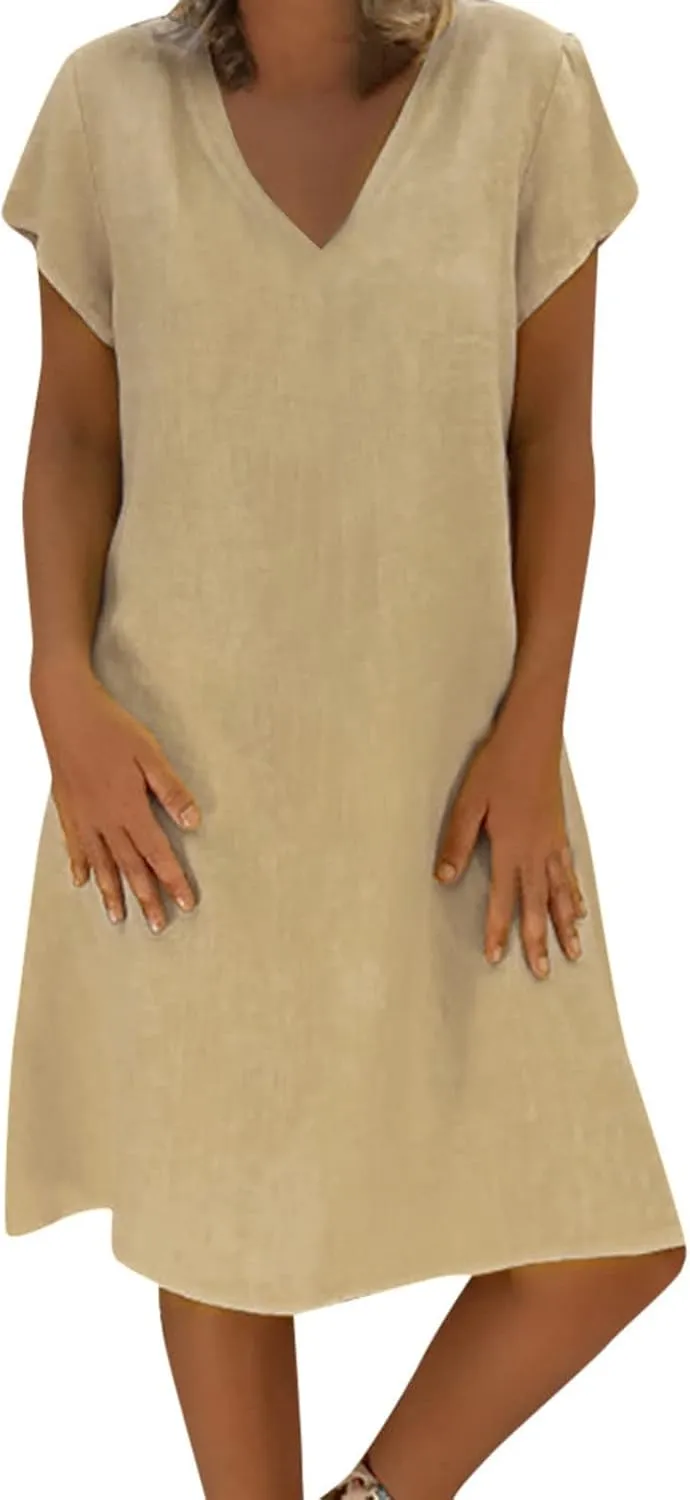 Summer Dresses for Women 2025 Plus Size V Neck Short Sleeve Midi Dress Casual Solid Loose Going Out Party Sundresses