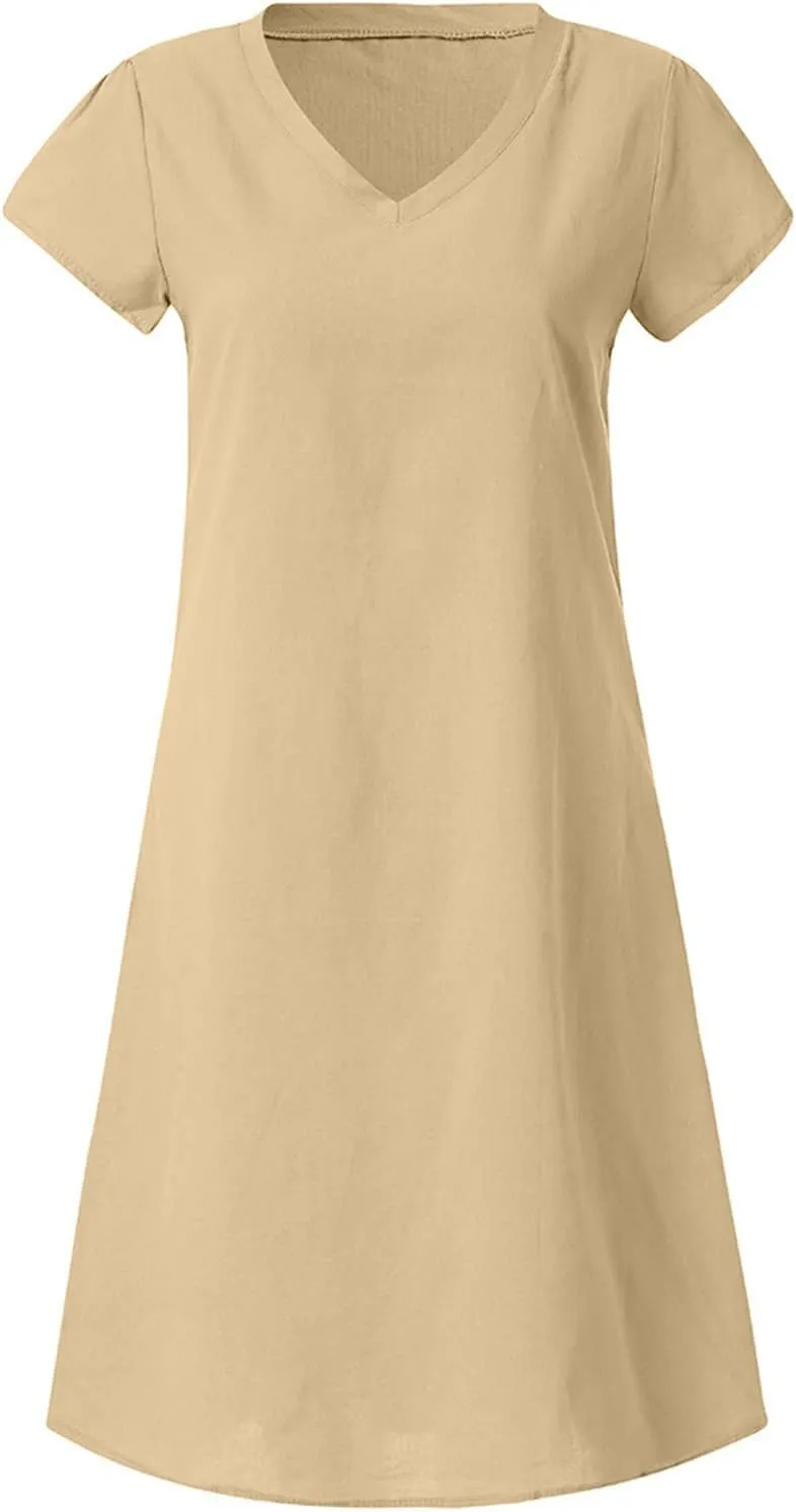 Summer Dresses for Women 2025 Plus Size V Neck Short Sleeve Midi Dress Casual Solid Loose Going Out Party Sundresses