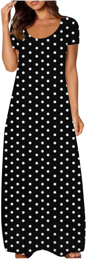 Summer Dresses for Women 2025 Trendy Boho Polkadot Print Cap Sleeve Round-Neck Plus Size Maxi Dress Beach Sundress