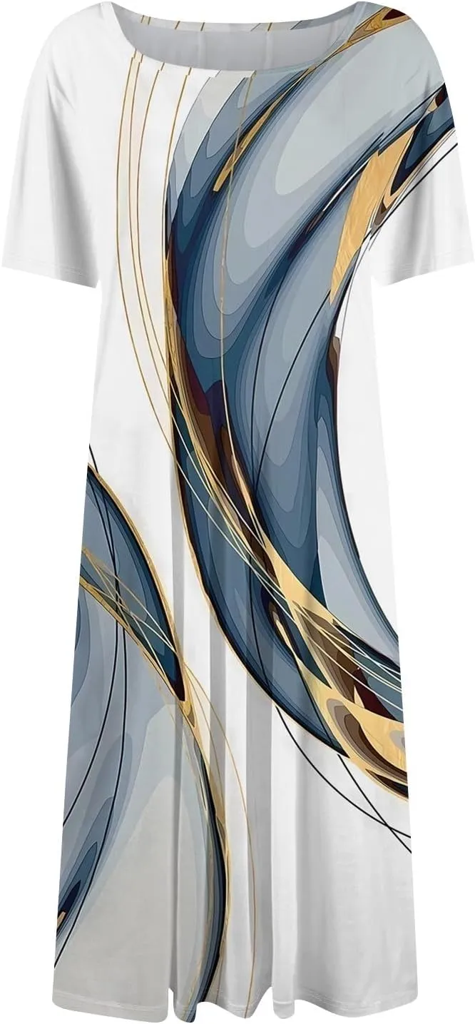 Summer Dresses for Women Flowy Casual Midi Dresses Aline Beach Tshirt Dress Floral Short Sleeve Dress with Pockets