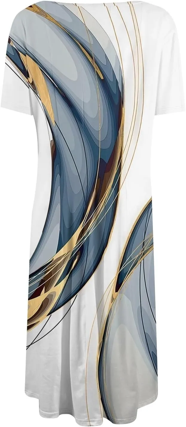 Summer Dresses for Women Flowy Casual Midi Dresses Aline Beach Tshirt Dress Floral Short Sleeve Dress with Pockets