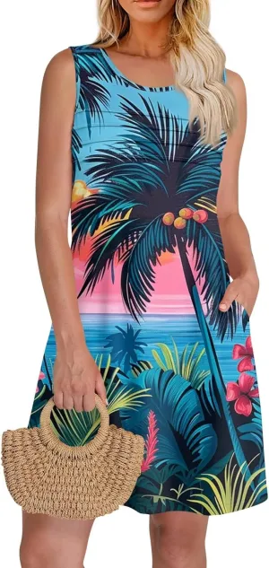 Summer Dresses for Women Sleeveless Mini Dress Beach Floral Tshirt Sundress Casual Pockets Boho Tank Dress
