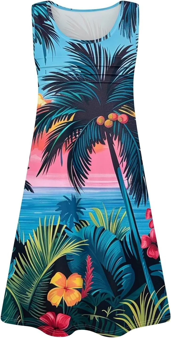 Summer Dresses for Women Sleeveless Mini Dress Beach Floral Tshirt Sundress Casual Pockets Boho Tank Dress