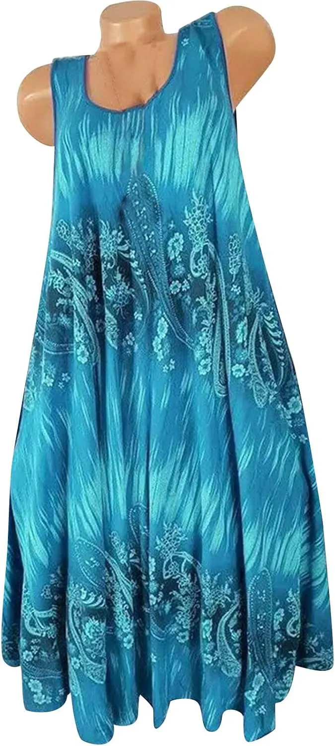 Summer Dresses for Womens Fashion Floral Flowy Swing Knee Length Sundress Sleeveless A-Line Crewneck Midi Tank Dress