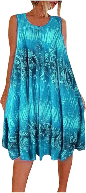 Summer Dresses for Womens Fashion Floral Flowy Swing Knee Length Sundress Sleeveless A-Line Crewneck Midi Tank Dress
