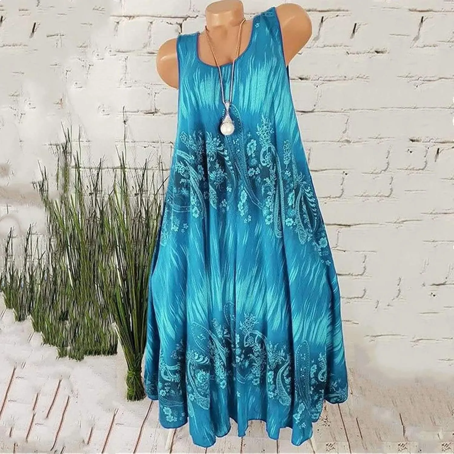 Summer Dresses for Womens Fashion Floral Flowy Swing Knee Length Sundress Sleeveless A-Line Crewneck Midi Tank Dress