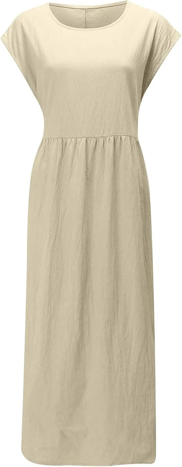 Summer Long Dresses for Women 2023 Casual Plus Size Cotton Linen Tshirt Dress Sleeveless Loose Baggy Kaftan Dress