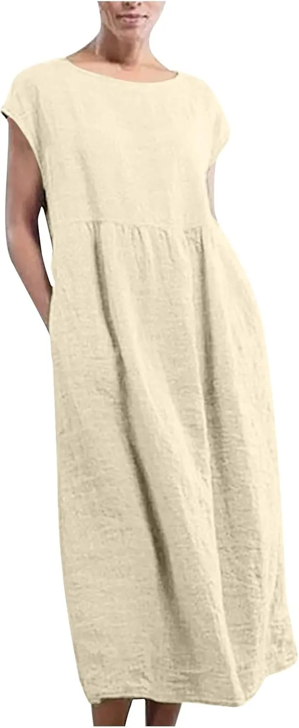 Summer Long Dresses for Women 2023 Casual Plus Size Cotton Linen Tshirt Dress Sleeveless Loose Baggy Kaftan Dress