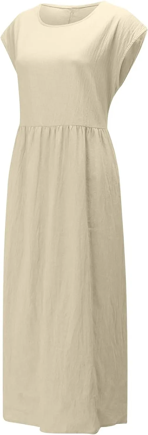 Summer Long Dresses for Women 2023 Casual Plus Size Cotton Linen Tshirt Dress Sleeveless Loose Baggy Kaftan Dress