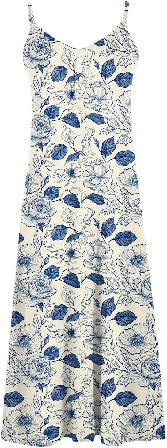 Sun Dresses for Women 2024 Summer Fashion Casual Sleeveless Boho Floral Maxi Sundress Spaghetti Strap Beach Dress