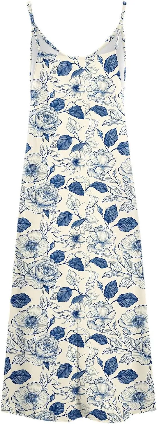 Sun Dresses for Women 2024 Summer Fashion Casual Sleeveless Boho Floral Maxi Sundress Spaghetti Strap Beach Dress