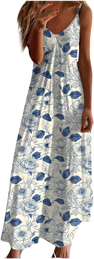 Sun Dresses for Women 2024 Summer Fashion Casual Sleeveless Boho Floral Maxi Sundress Spaghetti Strap Beach Dress