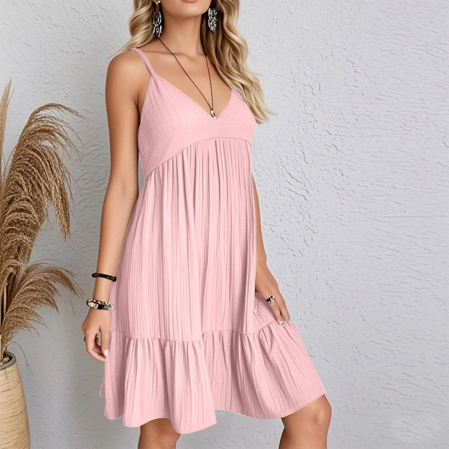 Sundresses for Women 2025 Vacation Outfits V Neck Spaghetti Strap Mini Dress Pleated Ruffle Flowy Summer Dresses