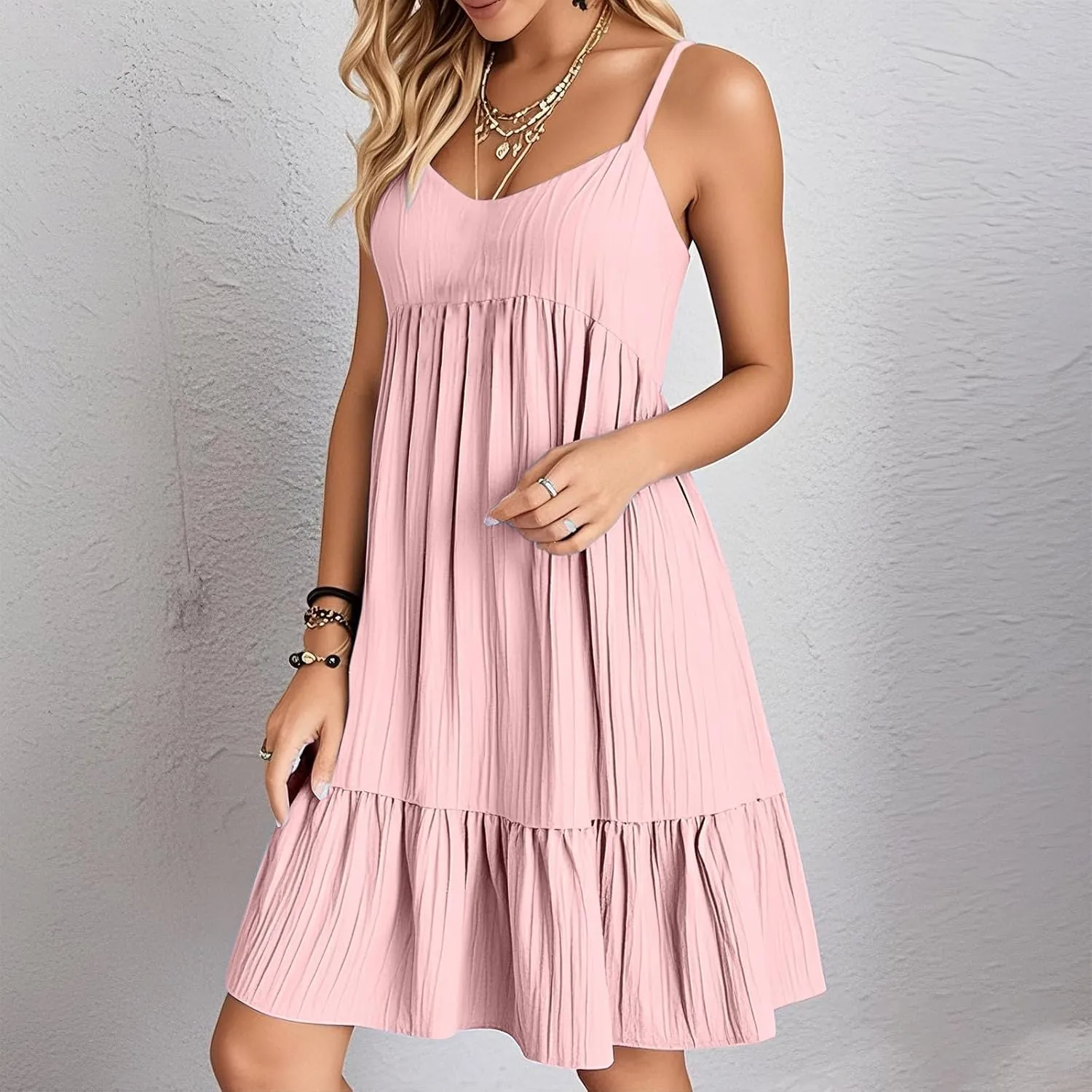 Sundresses for Women 2025 Vacation Outfits V Neck Spaghetti Strap Mini Dress Pleated Ruffle Flowy Summer Dresses