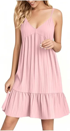 Sundresses for Women 2025 Vacation Outfits V Neck Spaghetti Strap Mini Dress Pleated Ruffle Flowy Summer Dresses