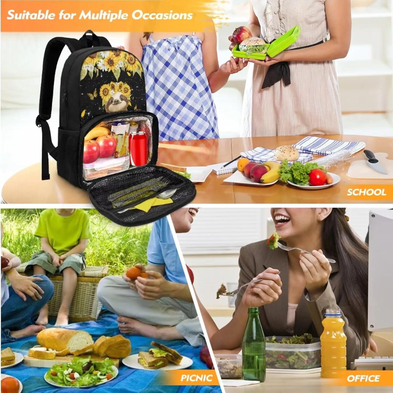 Sunflower Sloth Backpack for School Backpacks for Boys Girls Book Bag, Leakproof Lunch Cooler Bag Lightweight Soft Lunch Backpack with Cooler Compartment, Beach Camping Hiking Gifts