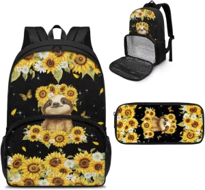 Sunflower Sloth Backpack for School Backpacks for Boys Girls Book Bag, Leakproof Lunch Cooler Bag Lightweight Soft Lunch Backpack with Cooler Compartment, Beach Camping Hiking Gifts