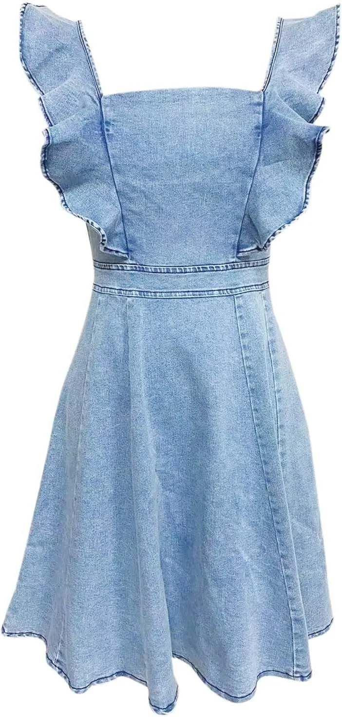 Sunward Women's Denim Babydoll Dresses Ruffle Cap Sleeve a Line Mini Jean Dress Square Neck Elastic Waist Bustier Dresses