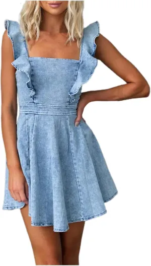 Sunward Women's Denim Babydoll Dresses Ruffle Cap Sleeve a Line Mini Jean Dress Square Neck Elastic Waist Bustier Dresses