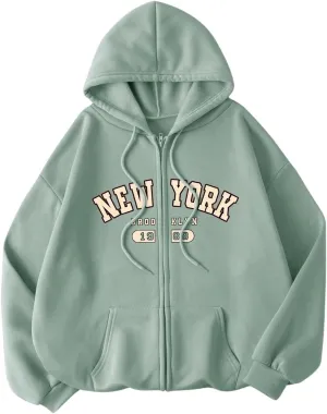 SweatyRocks Women's Sweatshirts Hoodies Graphic Print Casual Zip Up Long Sleeve Pullover Top with Pockets