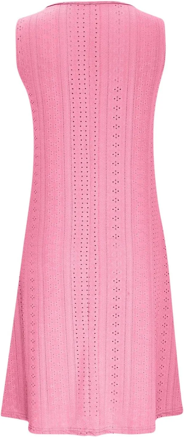 Sweetheart Embroidery Eyelet Tank Dress for Women Solid V Neck Sleeveless Sundress Casual Vacation Beach Dress