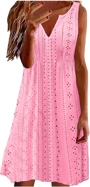 Sweetheart Embroidery Eyelet Tank Dress for Women Solid V Neck Sleeveless Sundress Casual Vacation Beach Dress