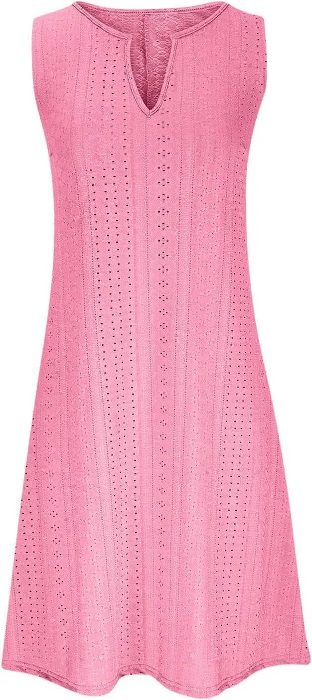 Sweetheart Embroidery Eyelet Tank Dress for Women Solid V Neck Sleeveless Sundress Casual Vacation Beach Dress