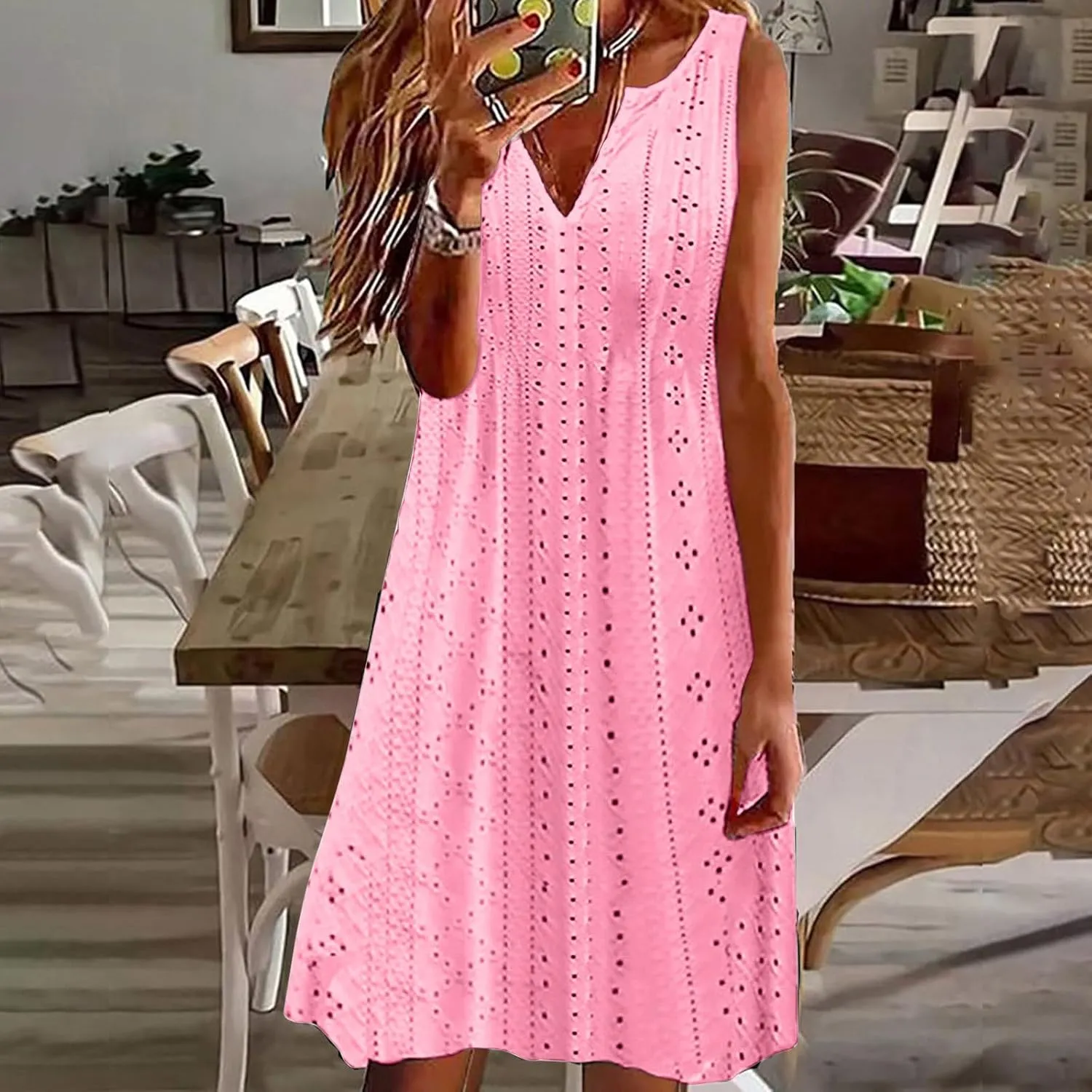 Sweetheart Embroidery Eyelet Tank Dress for Women Solid V Neck Sleeveless Sundress Casual Vacation Beach Dress