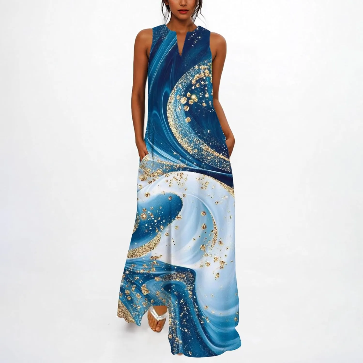 Swing Maxi Dress for Women Floral Printed Casual Summer V Neck Sleeveless Loose A-Line Beach Sundress with Pockets