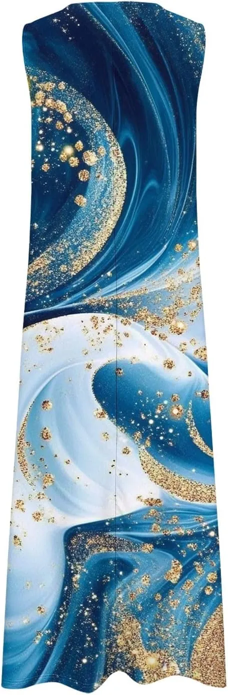 Swing Maxi Dress for Women Floral Printed Casual Summer V Neck Sleeveless Loose A-Line Beach Sundress with Pockets