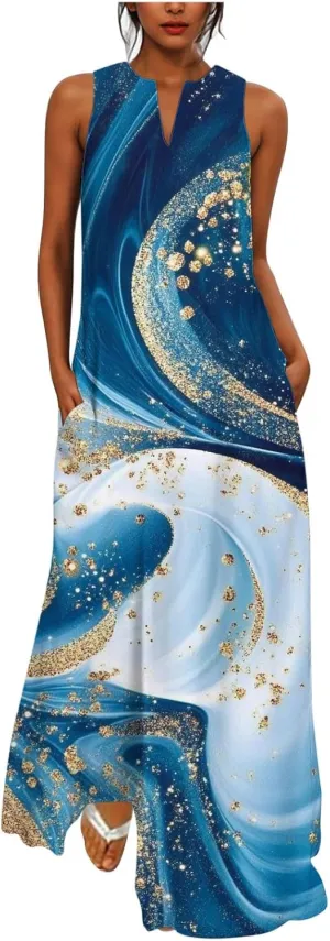 Swing Maxi Dress for Women Floral Printed Casual Summer V Neck Sleeveless Loose A-Line Beach Sundress with Pockets