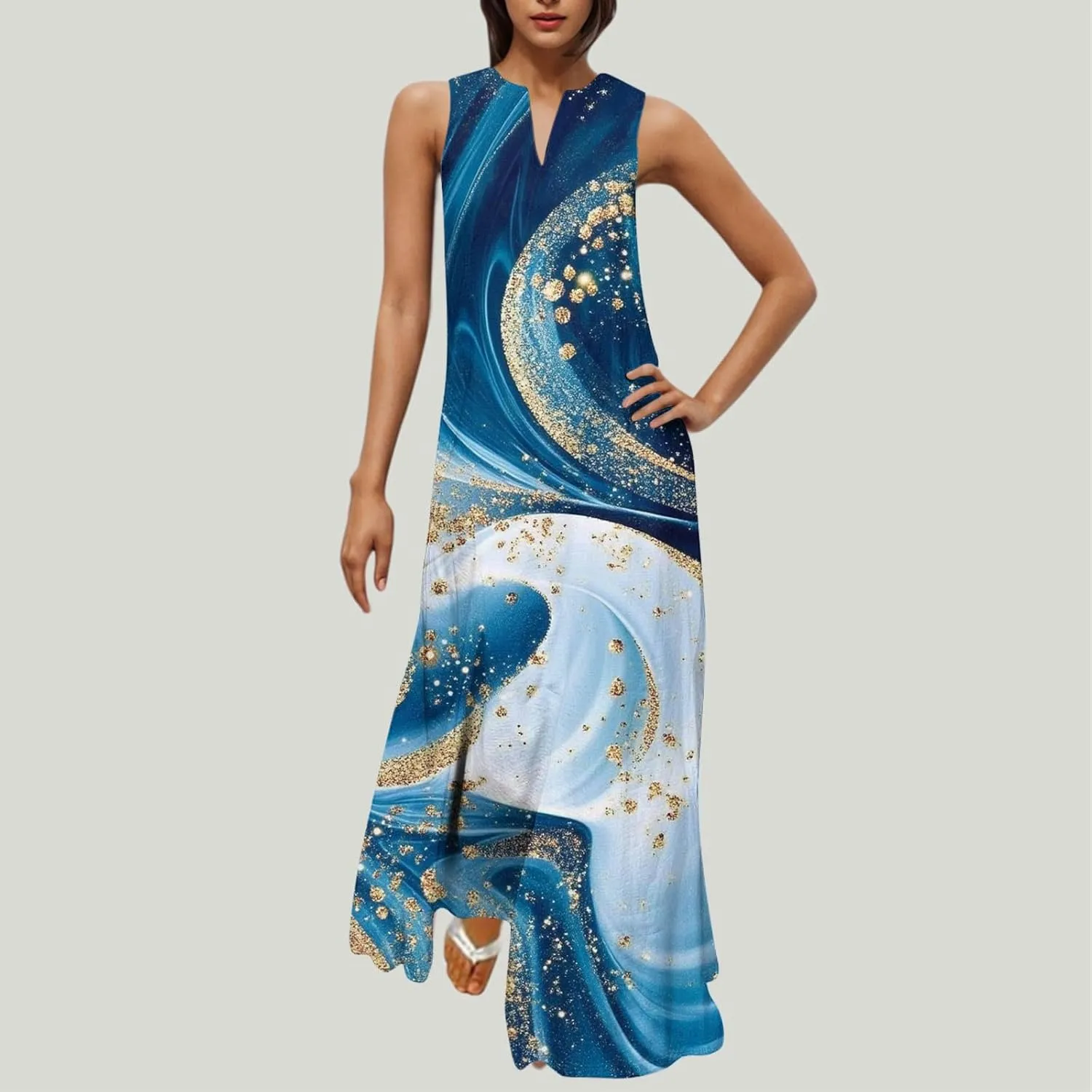 Swing Maxi Dress for Women Floral Printed Casual Summer V Neck Sleeveless Loose A-Line Beach Sundress with Pockets