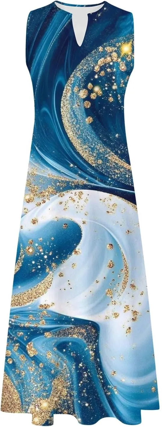 Swing Maxi Dress for Women Floral Printed Casual Summer V Neck Sleeveless Loose A-Line Beach Sundress with Pockets