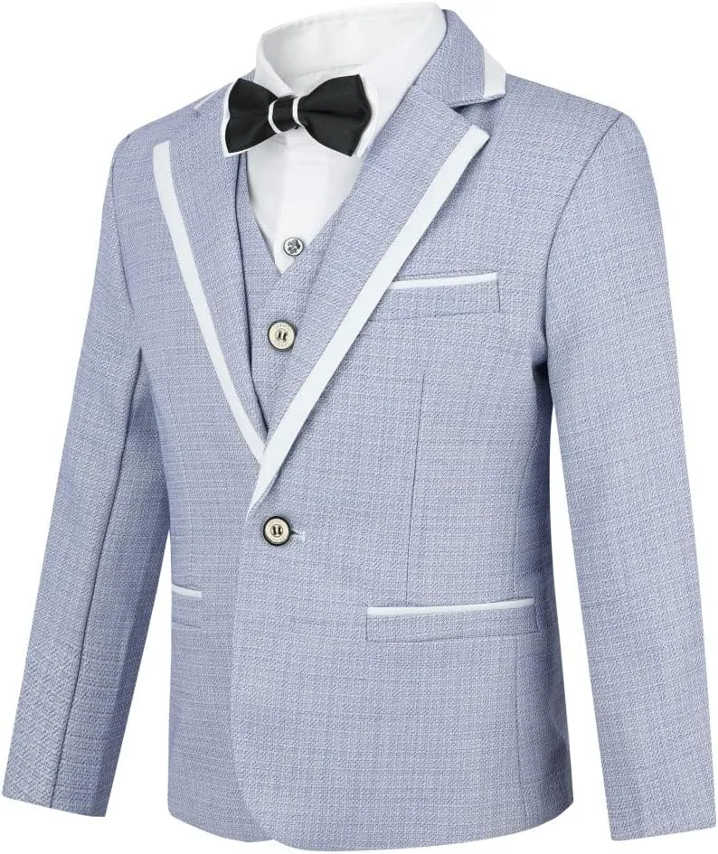 SWOTGdoby Boys 4 Pieces Suit Set Slim Fit Plaid Blazer Pants Vest Bowtie Formal Dress for Wedding Party