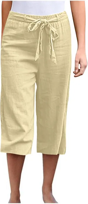 TANGNADE Capri Pants for Women Plus Size Dressy Casual Summer Cotton Linen Crop Pants Elastic Waist Vacation Trouser